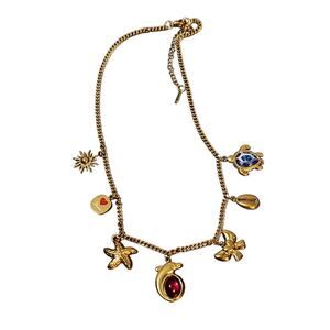 NEW Gold Tone Multi Charm Necklace Dolphin turtle Bow Star Seashell Coastal